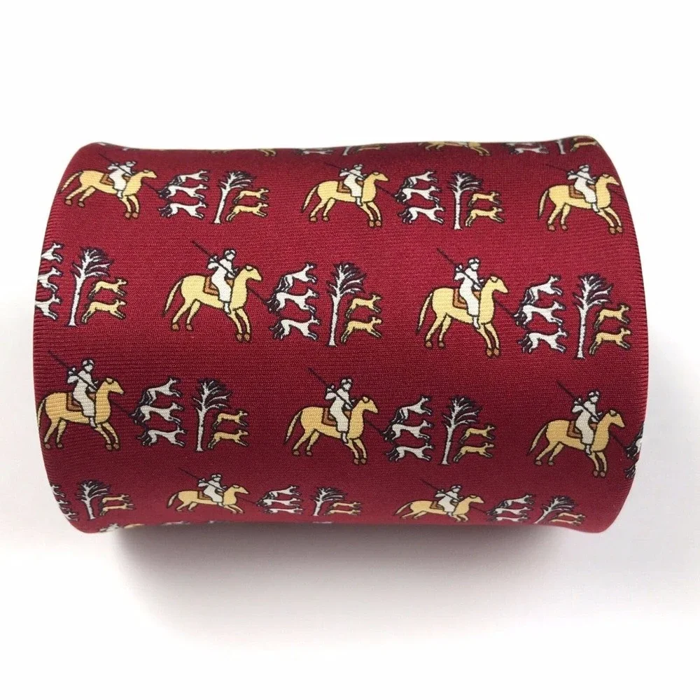 Museo Del Prado 2000 Silk Necktie Horse Hunter Hounds Bulls Equestrian Red Italy